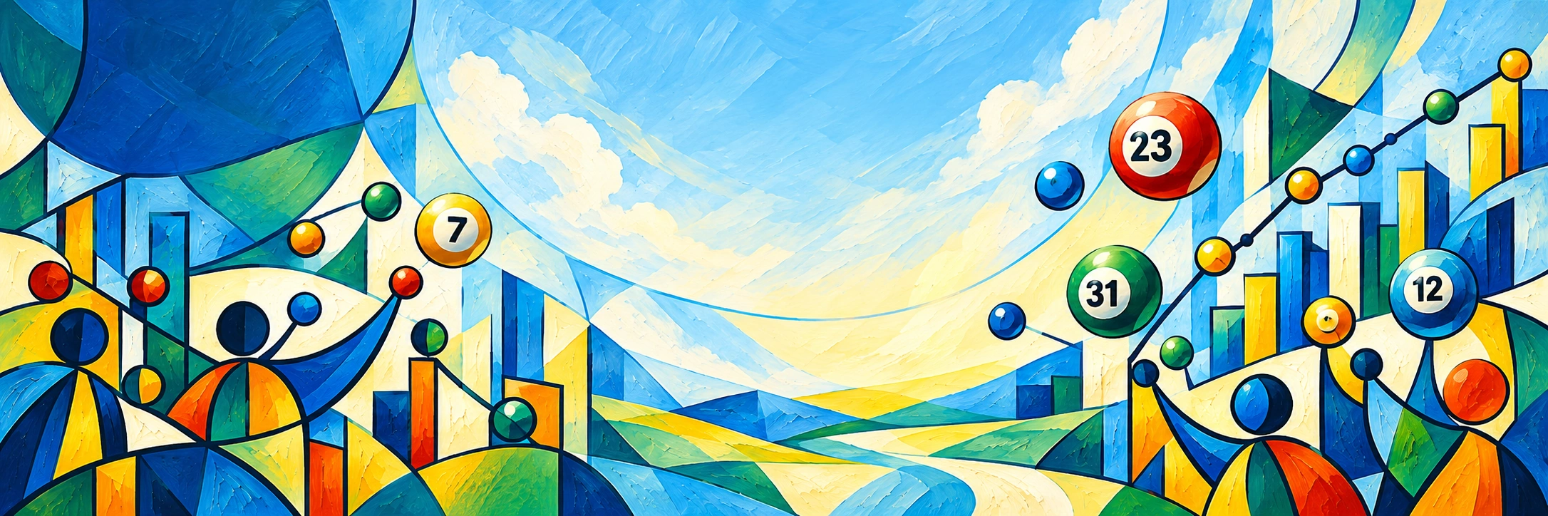 Abstract painting of lottery balls and statistical charts — AI lottery experiment