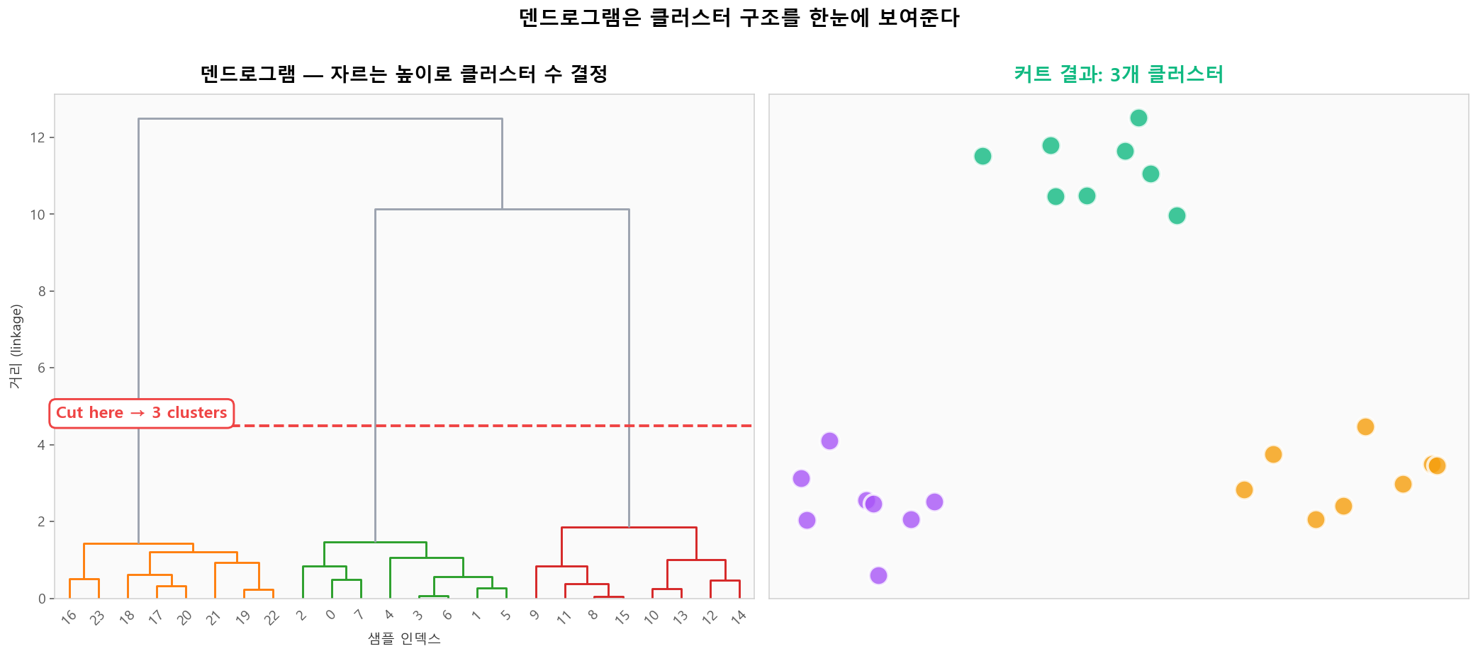 덴드로그램을 자르는 높이가 클러스터 수를 결정